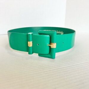 VTG Retro Kelly Green Wide Leather Statement Belt Gold Accents Made in Italy M